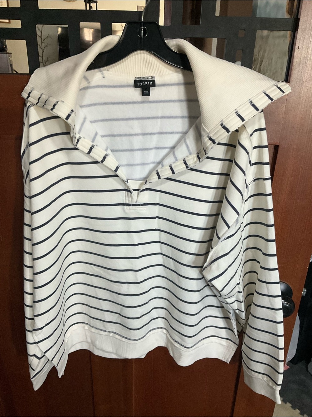 torrid White and Navy Striped Fold-Over Collar Sweater